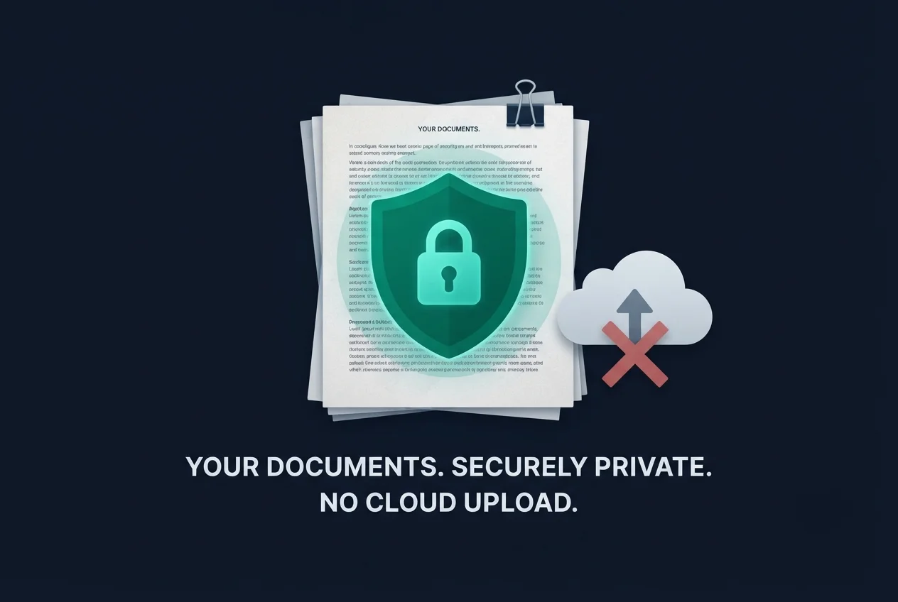 Illustration of a document shielded from cloud upload, representing private local processing