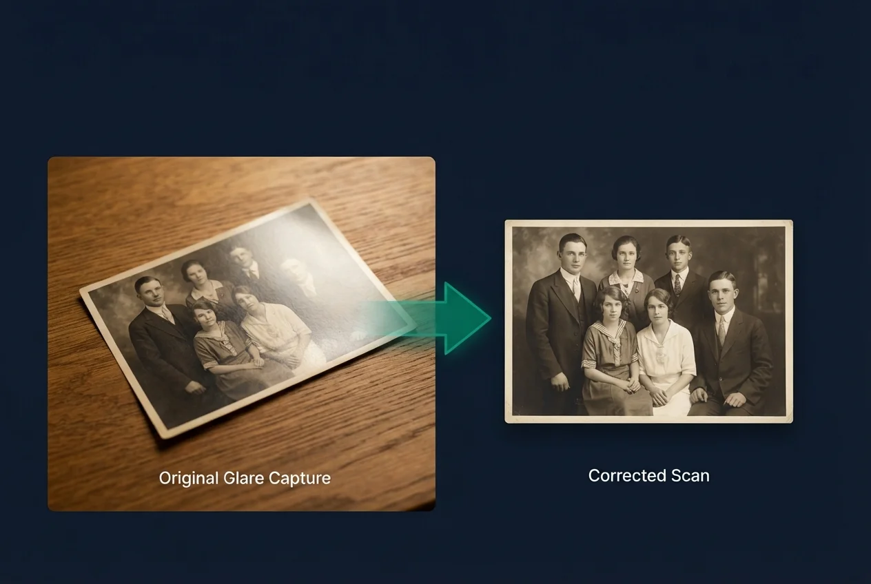 Old family photo before and after glare and tilt correction