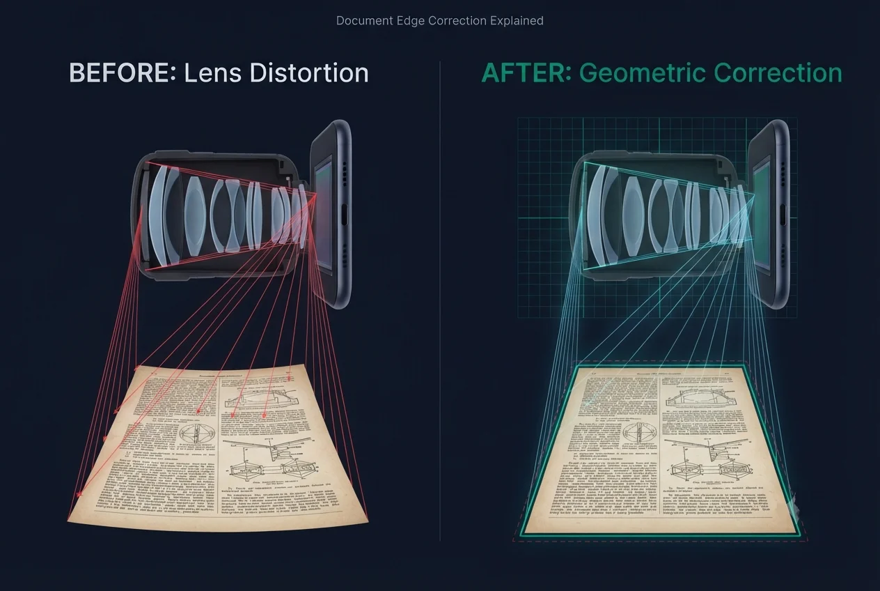 Diagram comparing lens distortion before and after geometric correction
