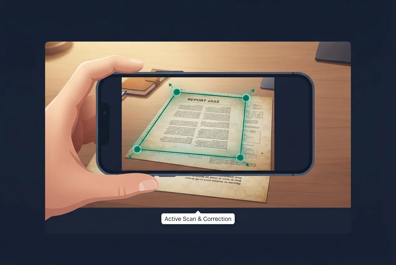 Phone camera actively scanning and correcting a document