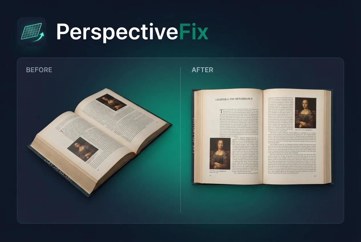 PerspectiveFix — before and after perspective correction of a book scan